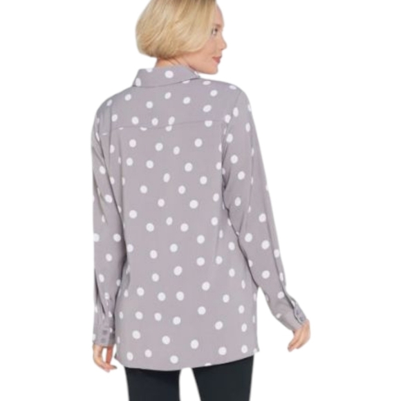 Susan Graver Peach Skin Gray White Polka Dot Oversized Button Down Shirt Sz 1X - Picture 2 of 7
